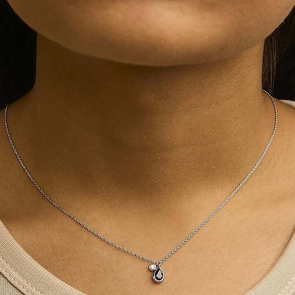 Pear Blue Sapphire and Diamond Bezel Pendant in 14K White Gold 18