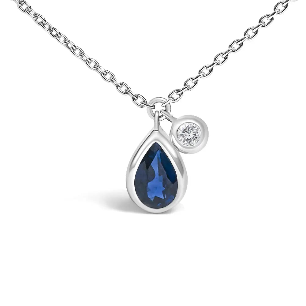 Pear Blue Sapphire and Diamond Bezel Pendant in 14K White Gold 18