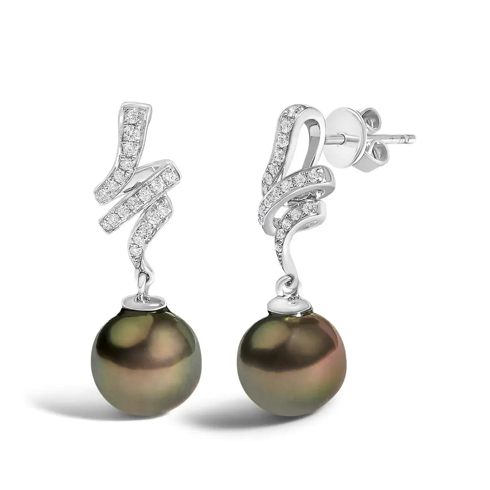 9mm Black South Sea Pearl and Diamond Dangle Earrings in 14K White Gold