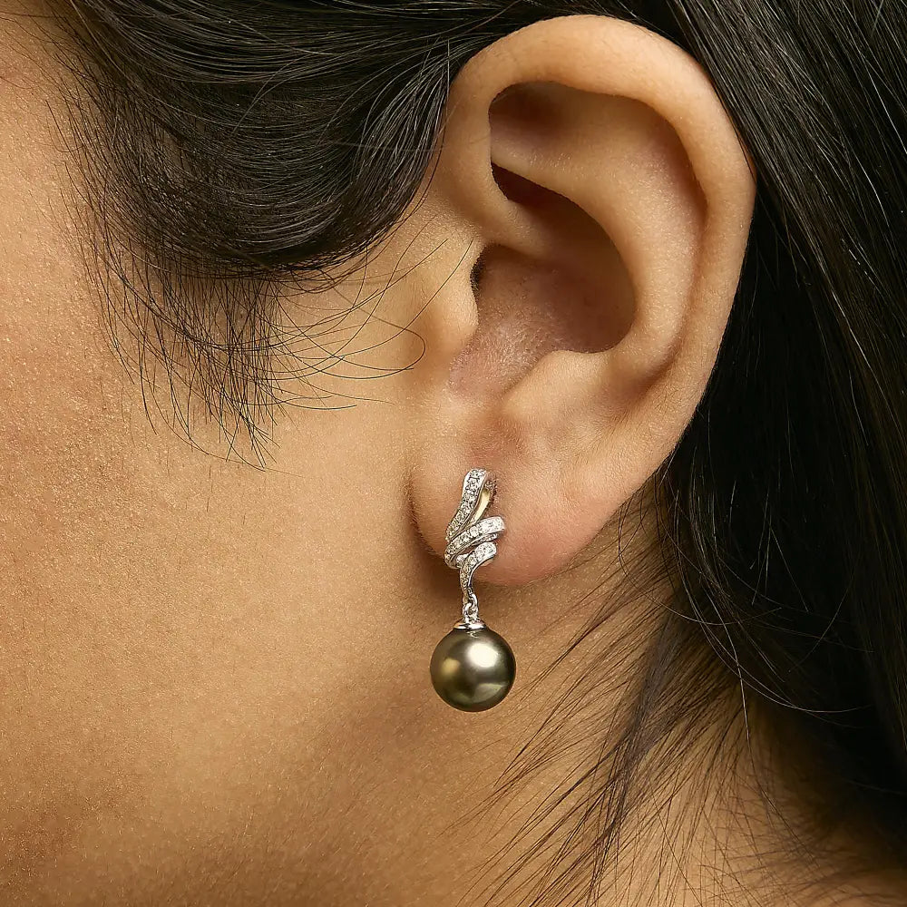 9mm Black South Sea Pearl and Diamond Dangle Earrings in 14K White Gold