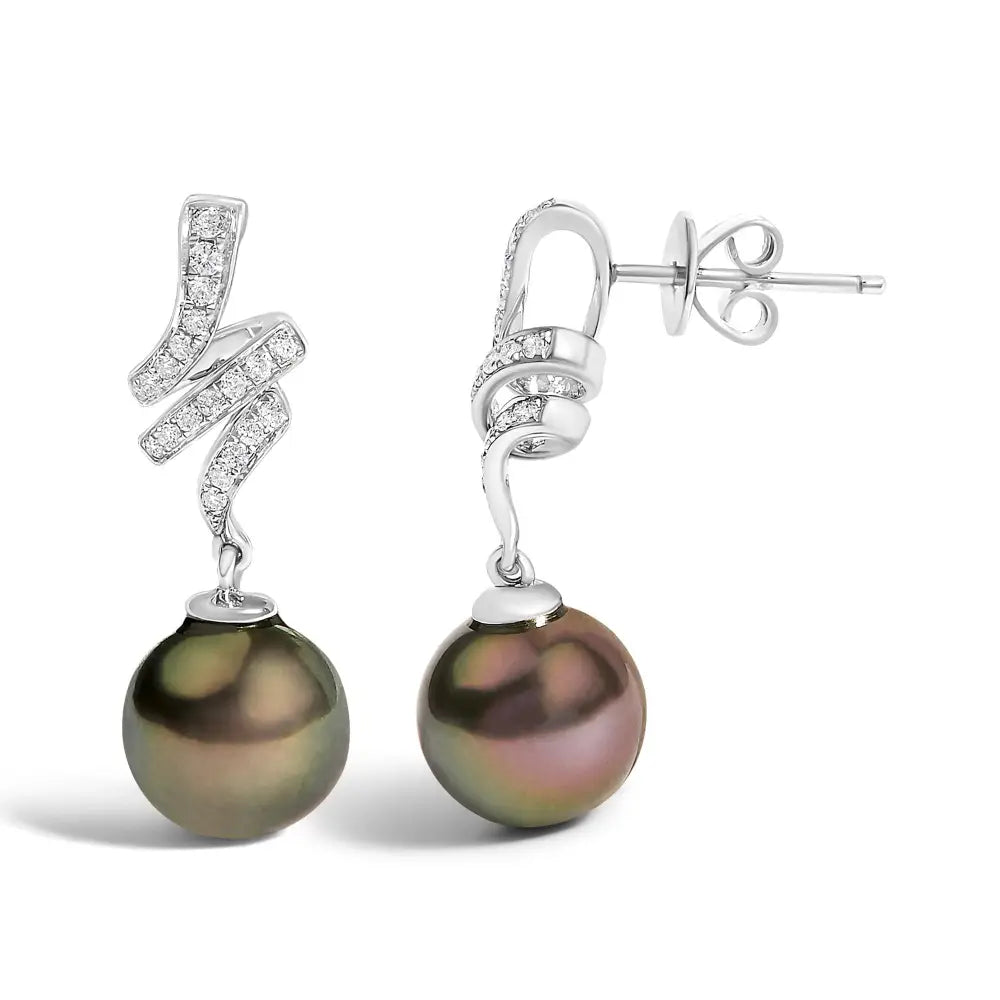 9mm Black South Sea Pearl and Diamond Dangle Earrings in 14K White Gold
