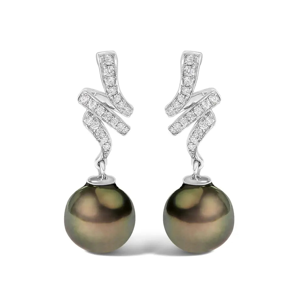 9mm Black South Sea Pearl and Diamond Dangle Earrings in 14K White Gold