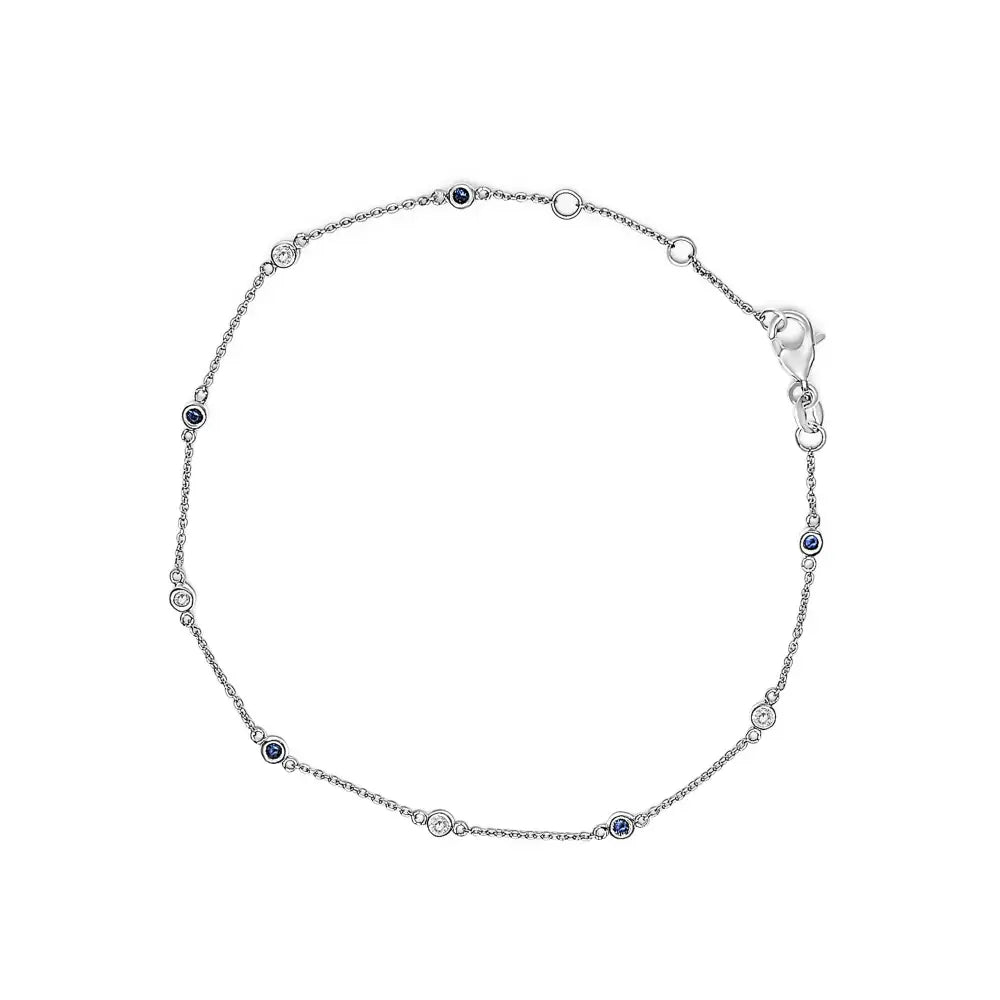 Blue Sapphire and Diamond Bezel Station Bracelet in 14K White Gold 8 Inch