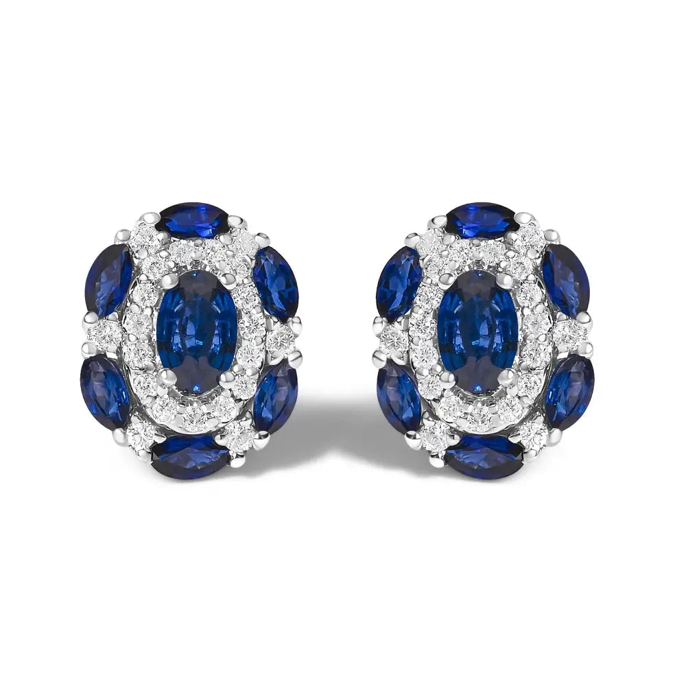 14K White Gold Blue Sapphire and Diamond Vintage Halo Stud Earrings
