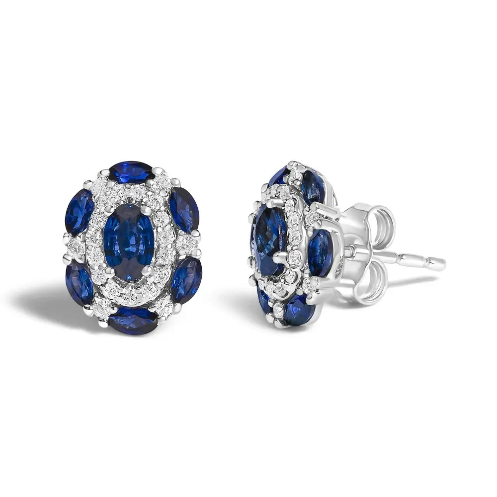 14K White Gold Blue Sapphire and Diamond Vintage Halo Stud Earrings
