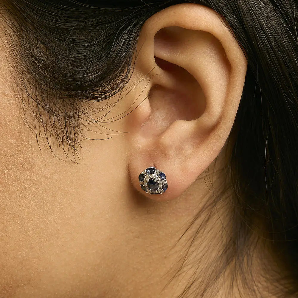 14K White Gold Blue Sapphire and Diamond Vintage Halo Stud Earrings