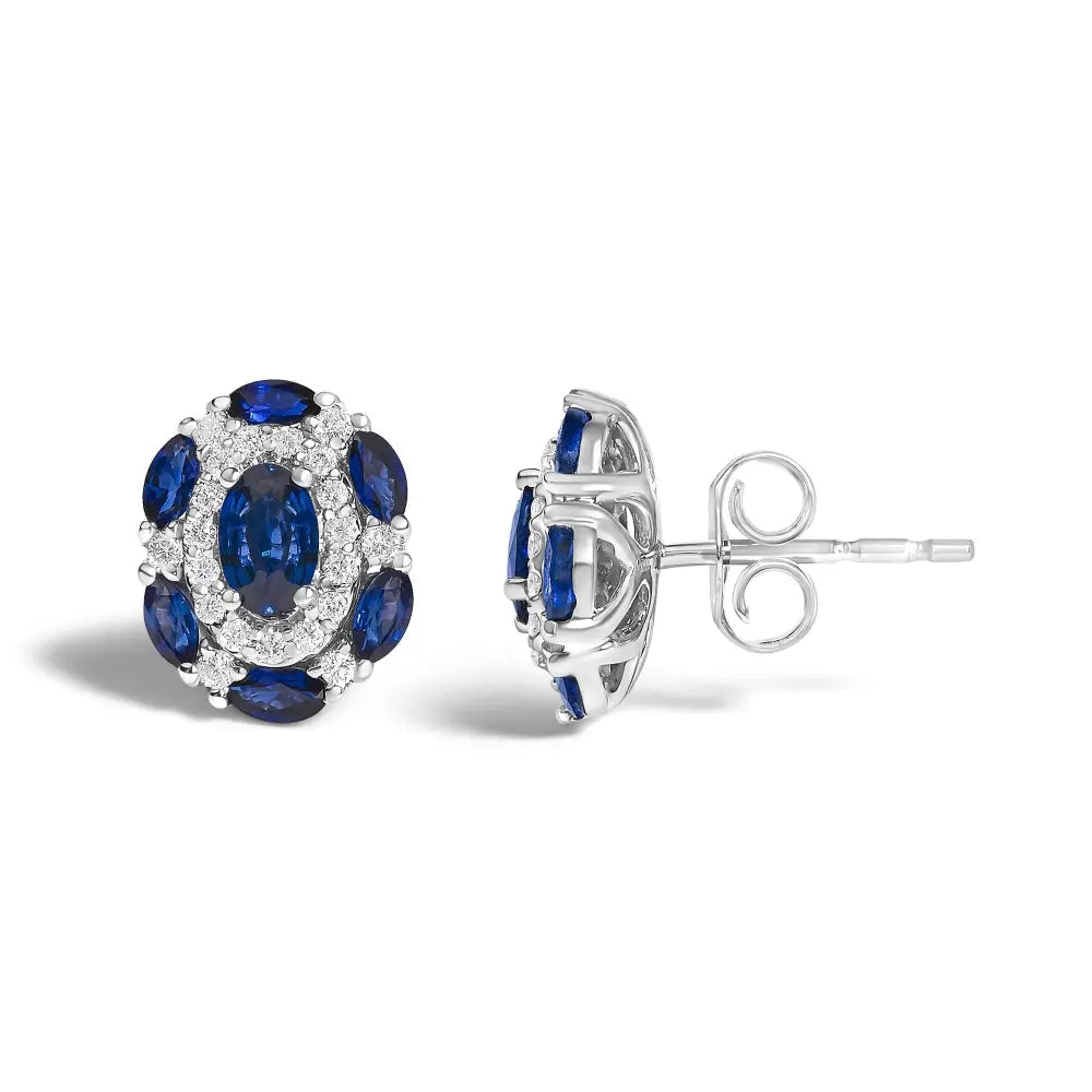 14K White Gold Blue Sapphire and Diamond Vintage Halo Stud Earrings
