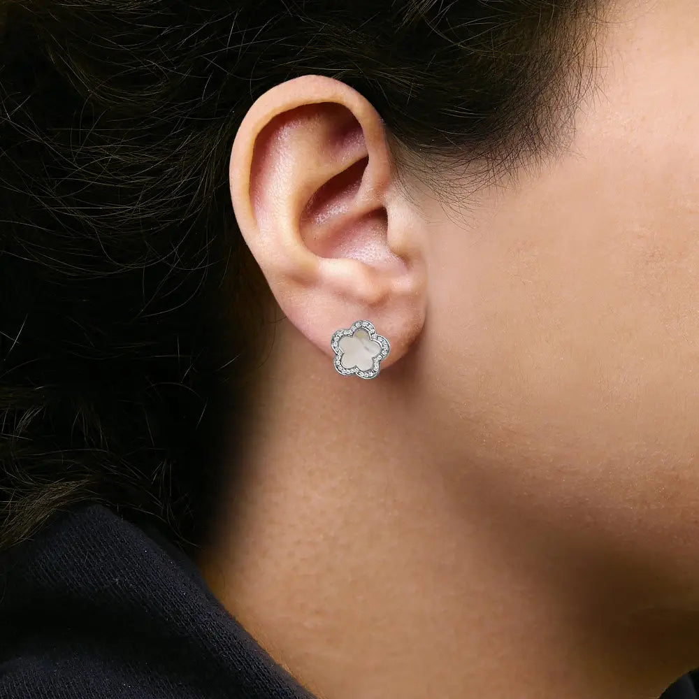 14K White Gold Mother of Pearl and 1/5 Cttw Diamond Flower Stud Earrings