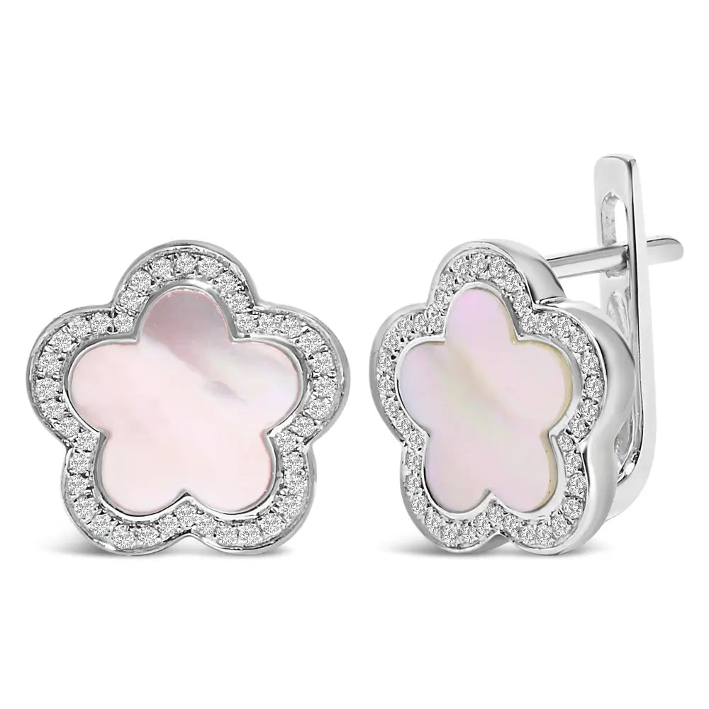 14K White Gold Mother of Pearl and 1/5 Cttw Diamond Flower Stud Earrings