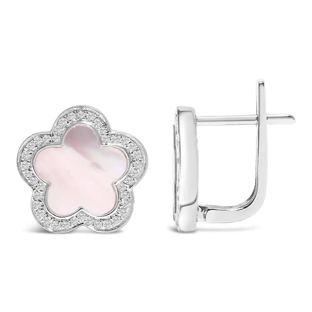 14K White Gold Mother of Pearl and 1/5 Cttw Diamond Flower Stud Earrings
