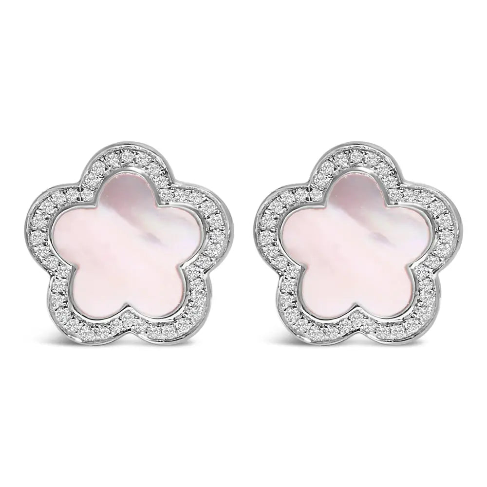 14K White Gold Mother of Pearl and 1/5 Cttw Diamond Flower Stud Earrings