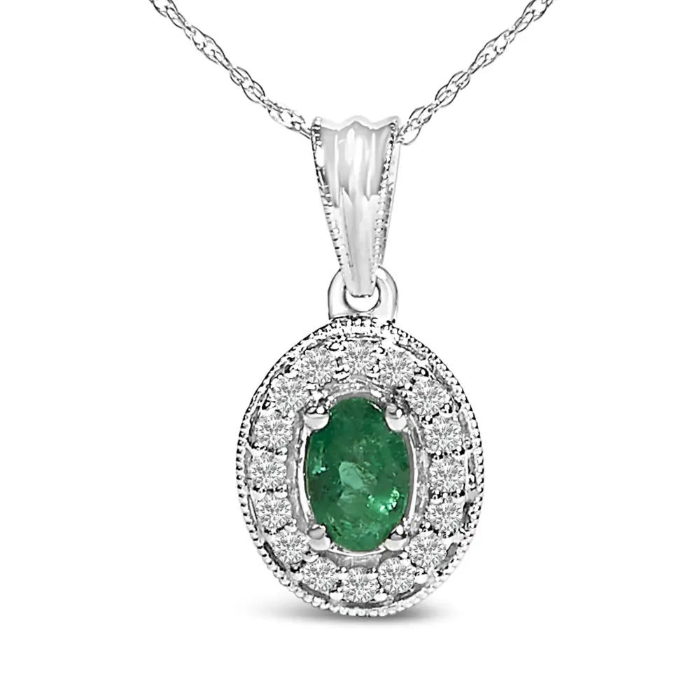 14K White Gold Oval Emerald and Diamond Halo Pendant Necklace 18 Inch