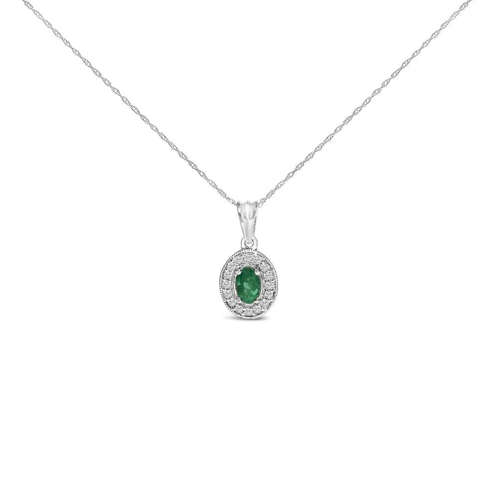 14K White Gold Oval Emerald and Diamond Halo Pendant Necklace 18 Inch