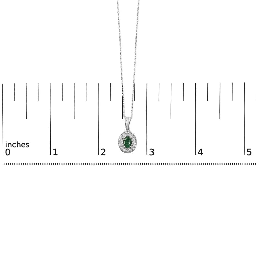 14K White Gold Oval Emerald and Diamond Halo Pendant Necklace 18 Inch