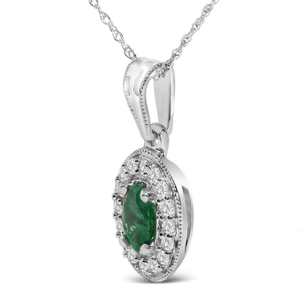 14K White Gold Oval Emerald and Diamond Halo Pendant Necklace 18 Inch