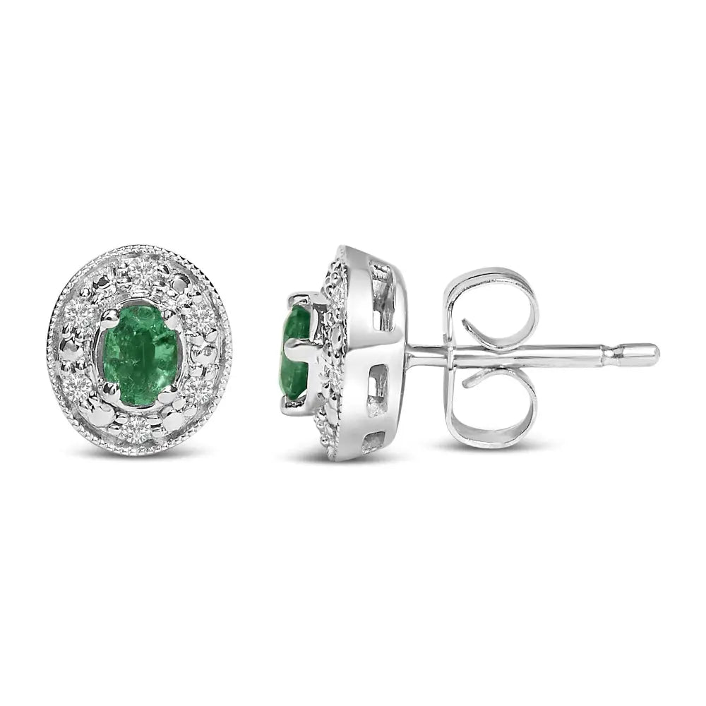 14K White Gold Oval Green Emerald and 1/10 Cttw Diamond Halo Stud Earrings