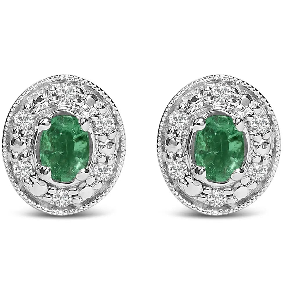 14K White Gold Oval Green Emerald and 1/10 Cttw Diamond Halo Stud Earrings