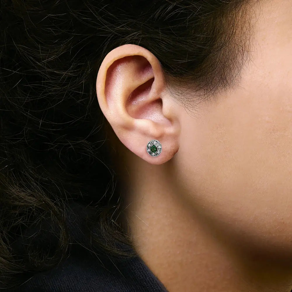 14K White Gold Oval Green Emerald and 1/10 Cttw Diamond Halo Stud Earrings