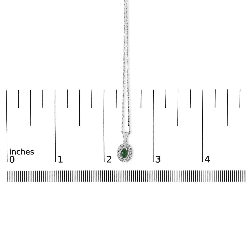 14K White Gold Oval Green Emerald and Diamond Halo Pendant Necklace 18