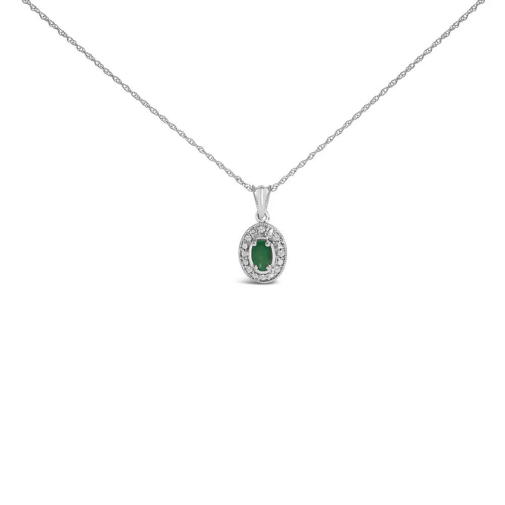 14K White Gold Oval Green Emerald and Diamond Halo Pendant Necklace 18
