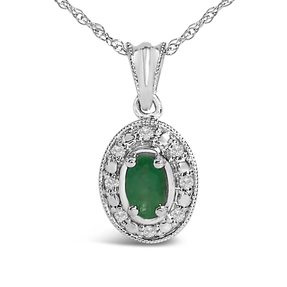 14K White Gold Oval Green Emerald and Diamond Halo Pendant Necklace 18