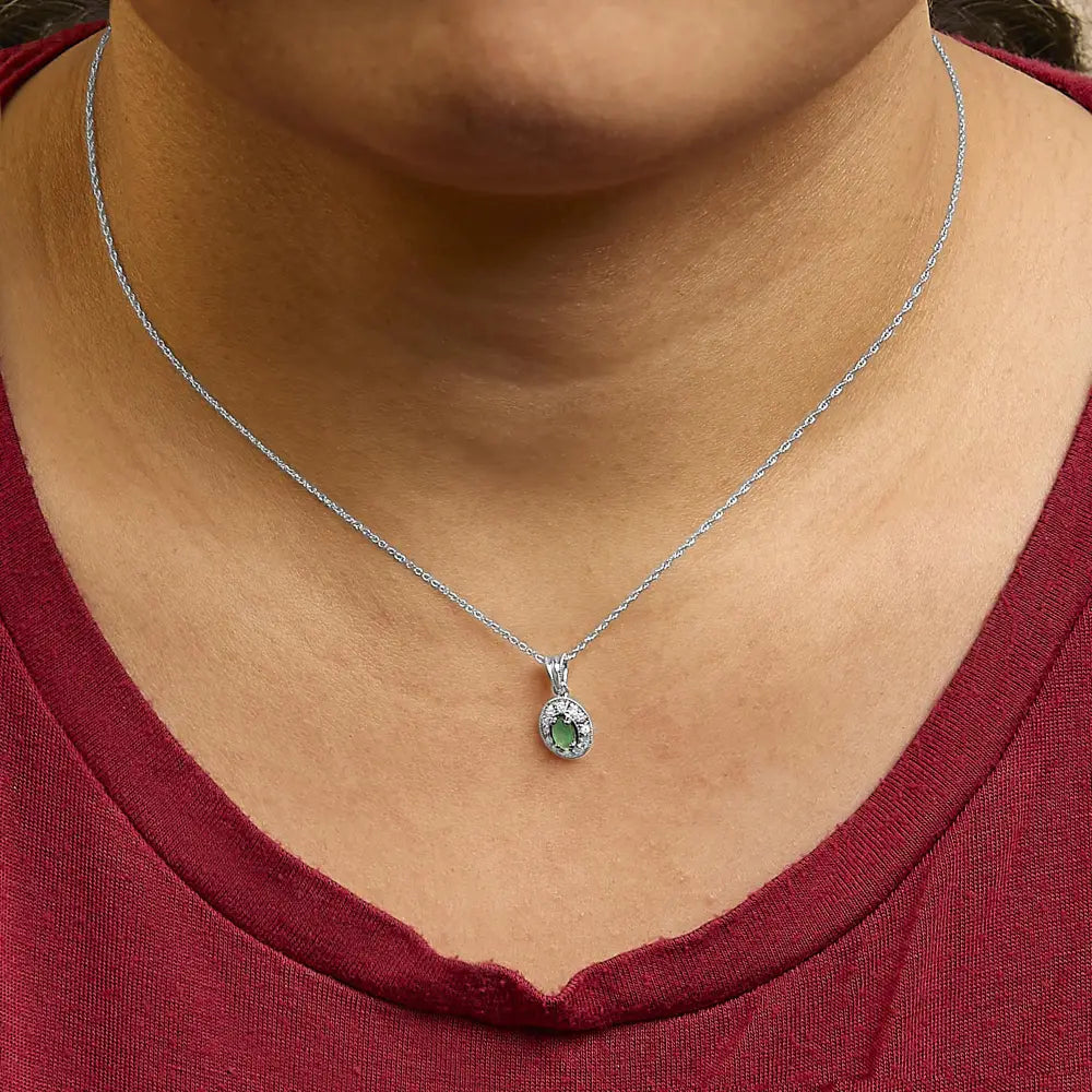 14K White Gold Oval Green Emerald and Diamond Halo Pendant Necklace 18