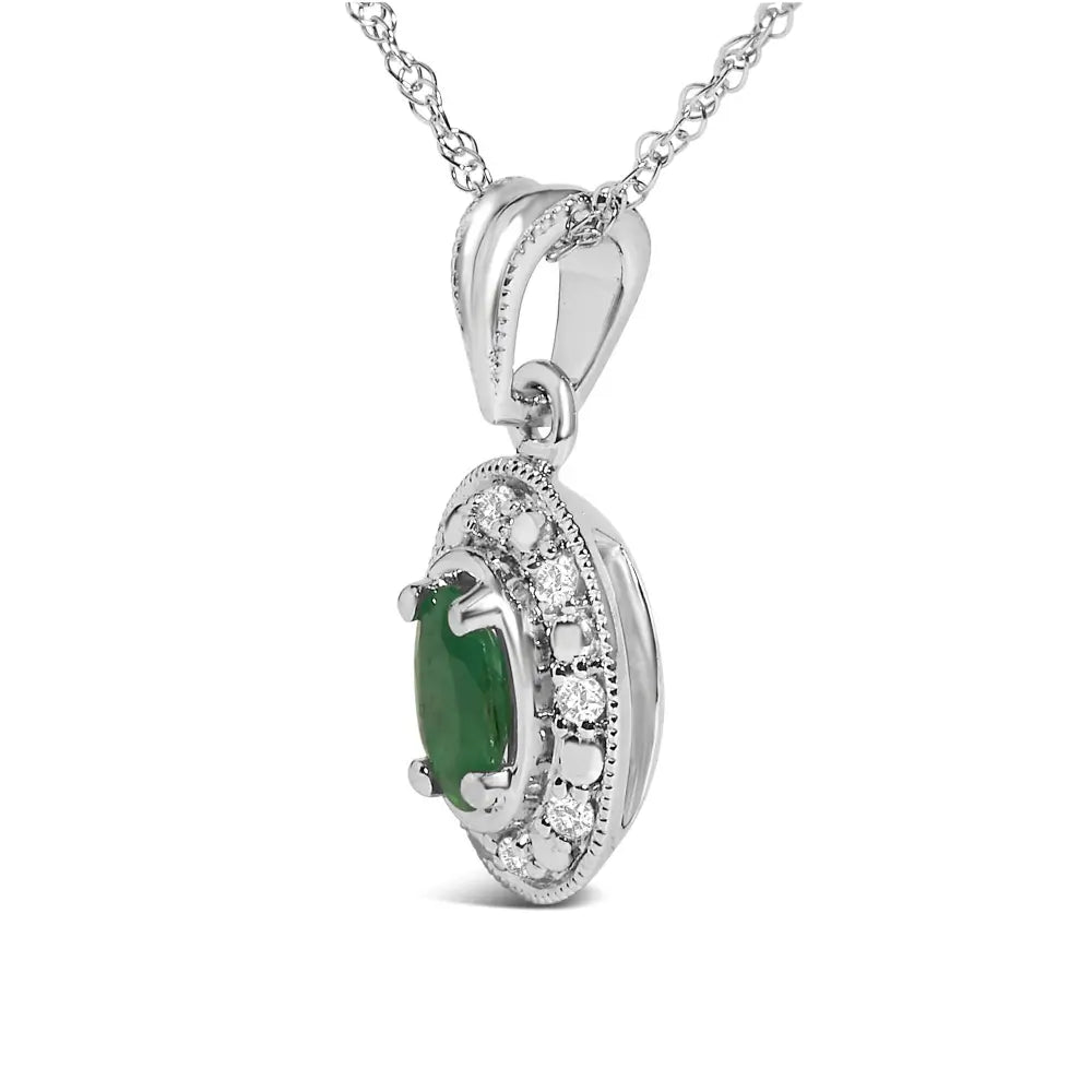 14K White Gold Oval Green Emerald and Diamond Halo Pendant Necklace 18