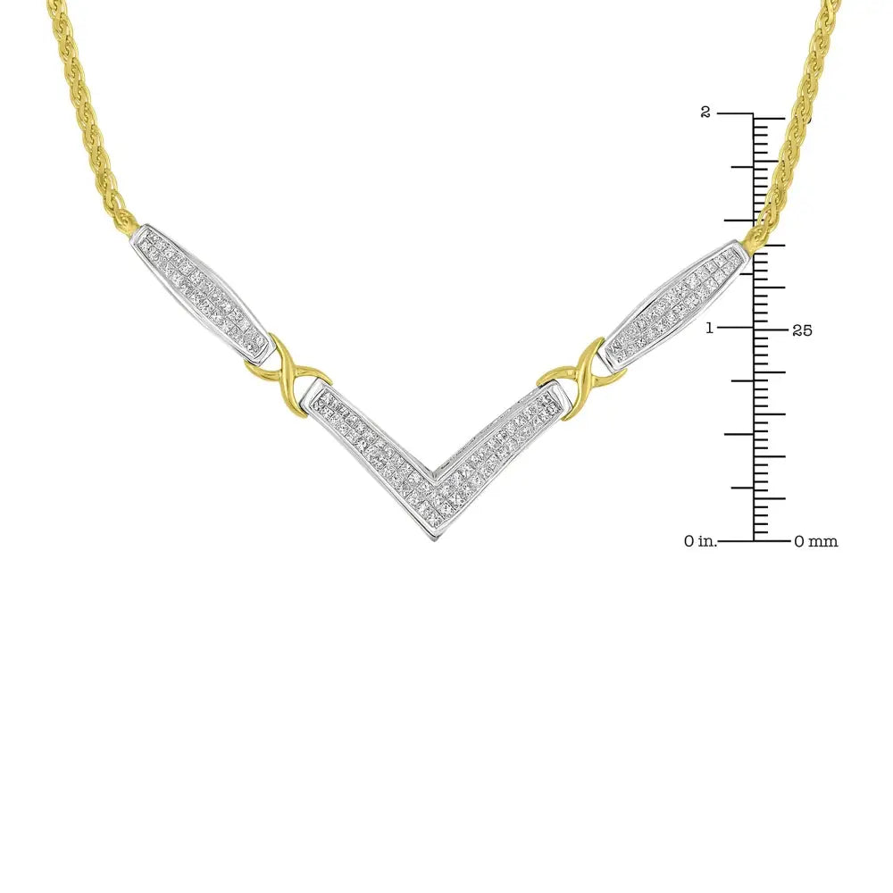 Princess Cut Diamond V-Station Franco Necklace in 14K Two-Tone Gold 2 Cttw
