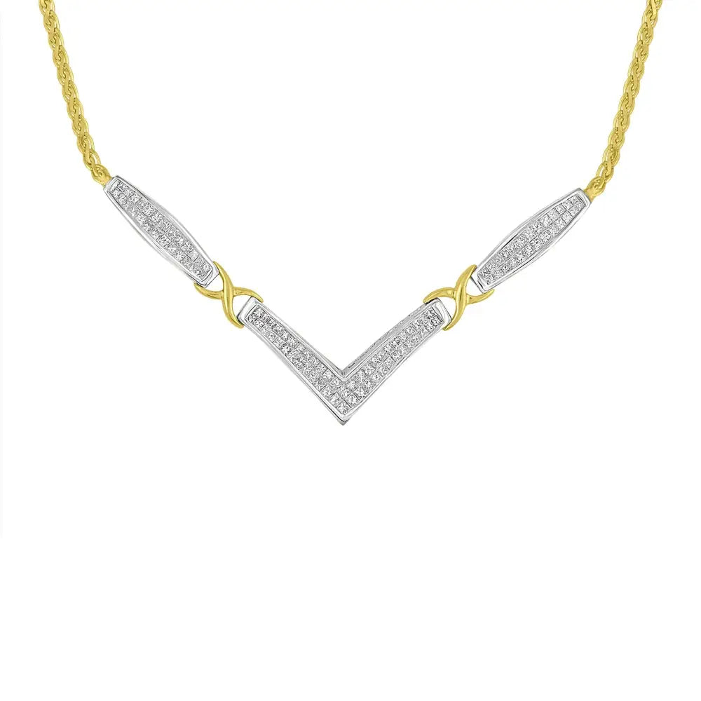Princess Cut Diamond V-Station Franco Necklace in 14K Two-Tone Gold 2 Cttw