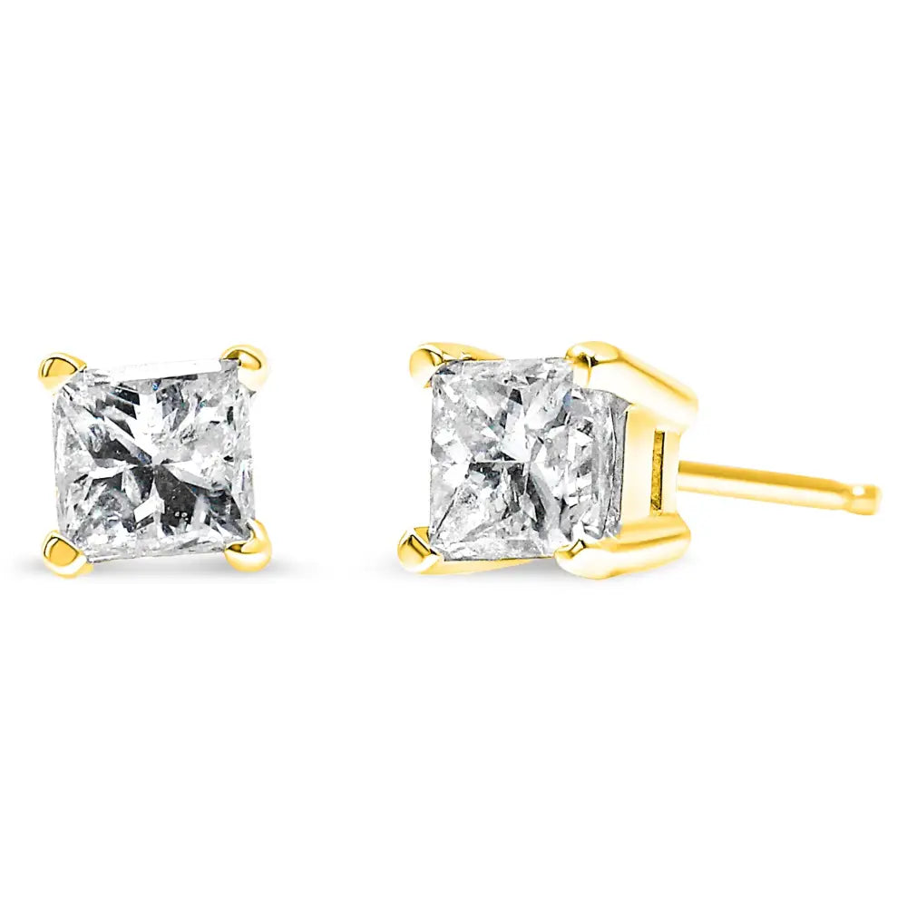 14K Yellow Gold 1 Cttw Princess Cut Diamond Solitaire Stud Earrings