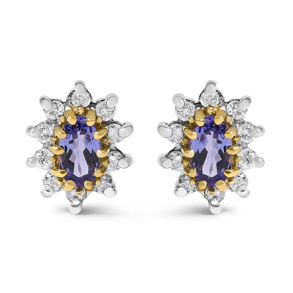 Oval Tanzanite and Diamond Sunburst Stud Earrings in 14K Yellow Gold 1/4 Cttw