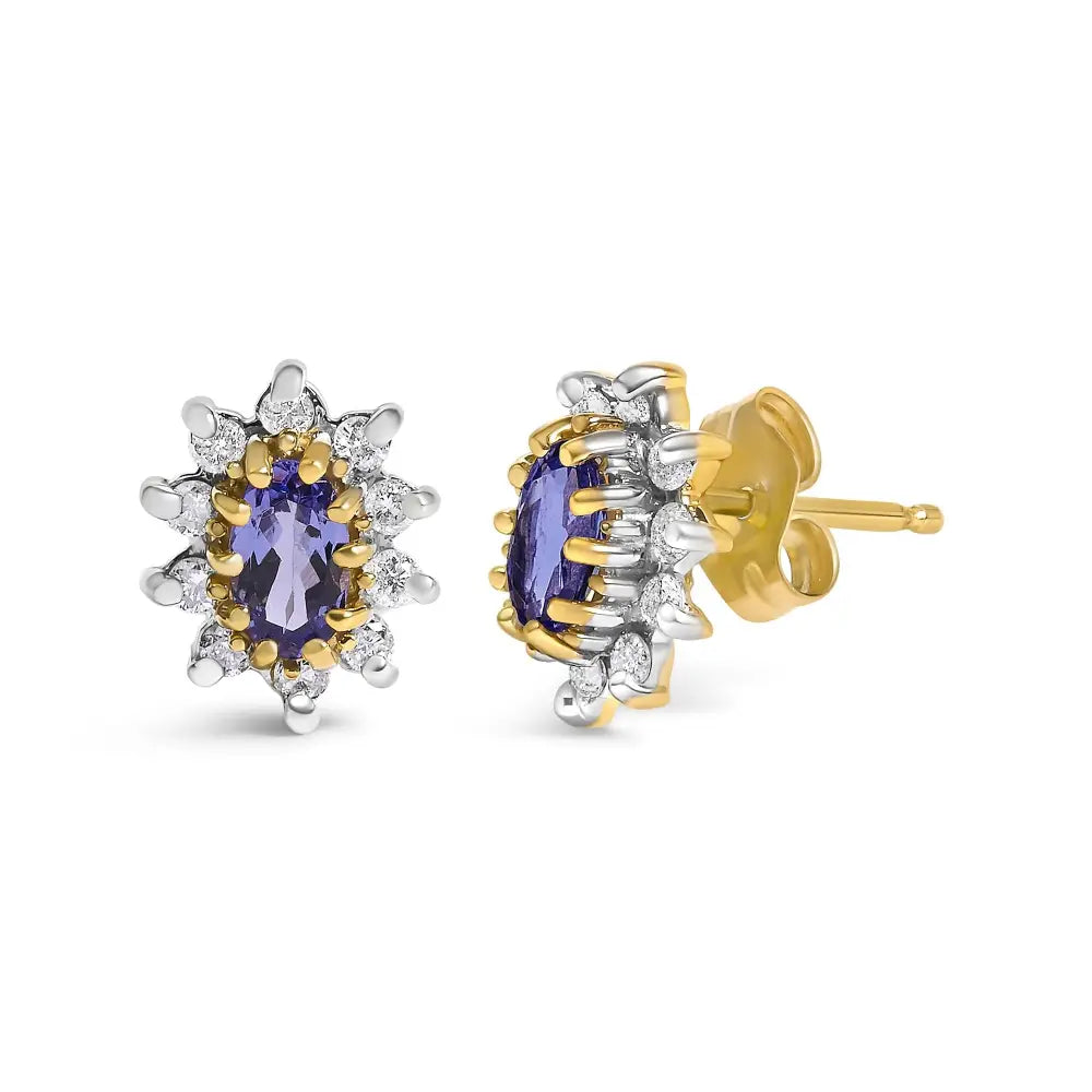 Oval Tanzanite and Diamond Sunburst Stud Earrings in 14K Yellow Gold 1/4 Cttw