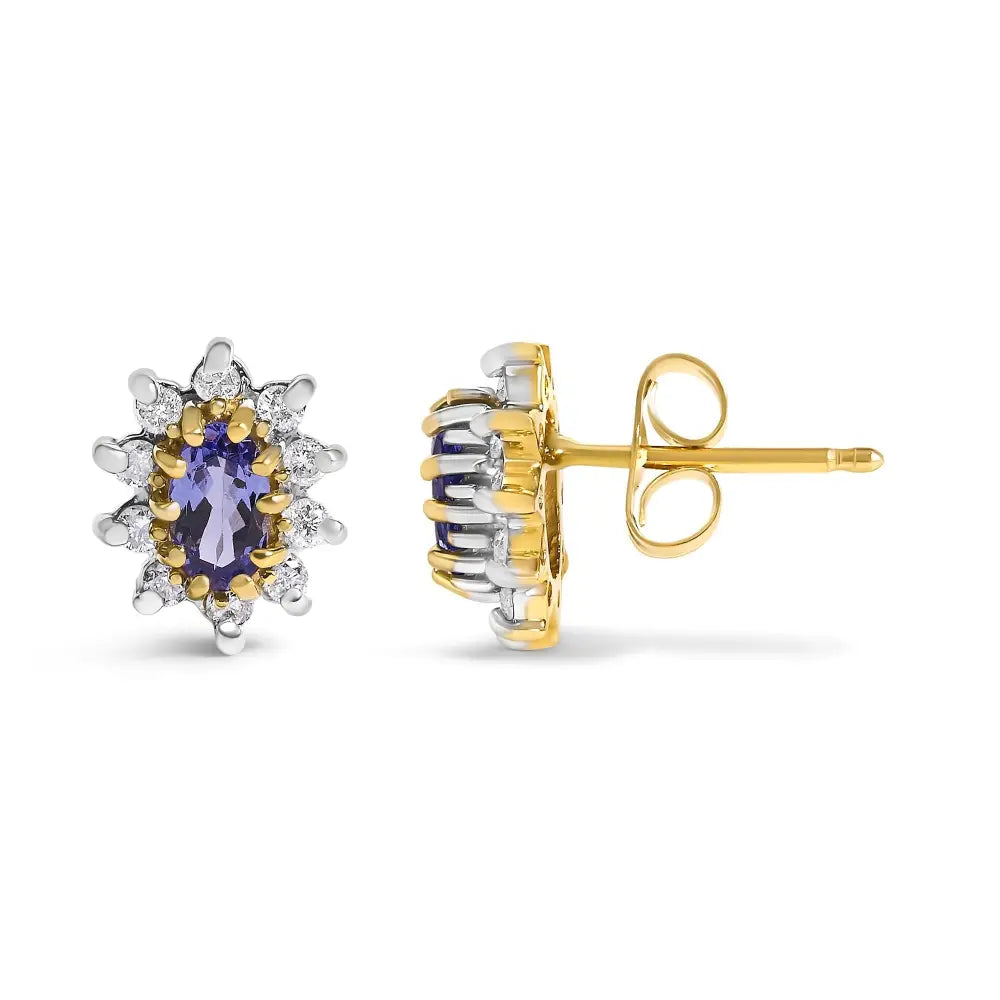 Oval Tanzanite and Diamond Sunburst Stud Earrings in 14K Yellow Gold 1/4 Cttw
