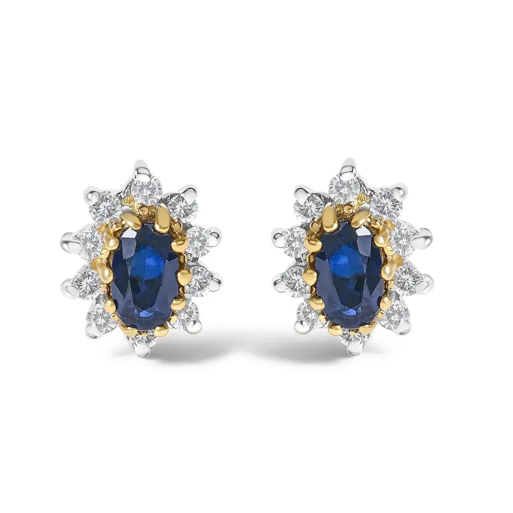 Oval Blue Sapphire and Diamond Sunburst Halo Earrings in 14K Yellow Gold