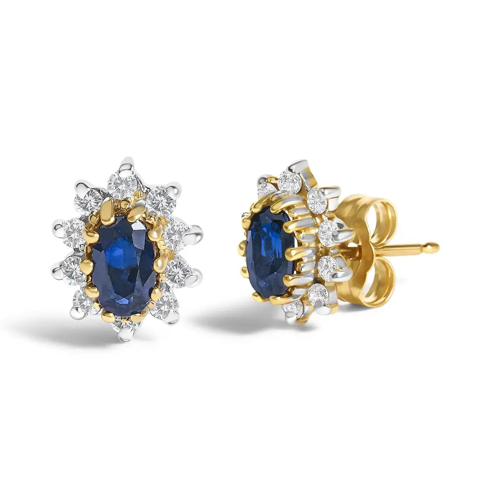 Oval Blue Sapphire and Diamond Sunburst Halo Earrings in 14K Yellow Gold