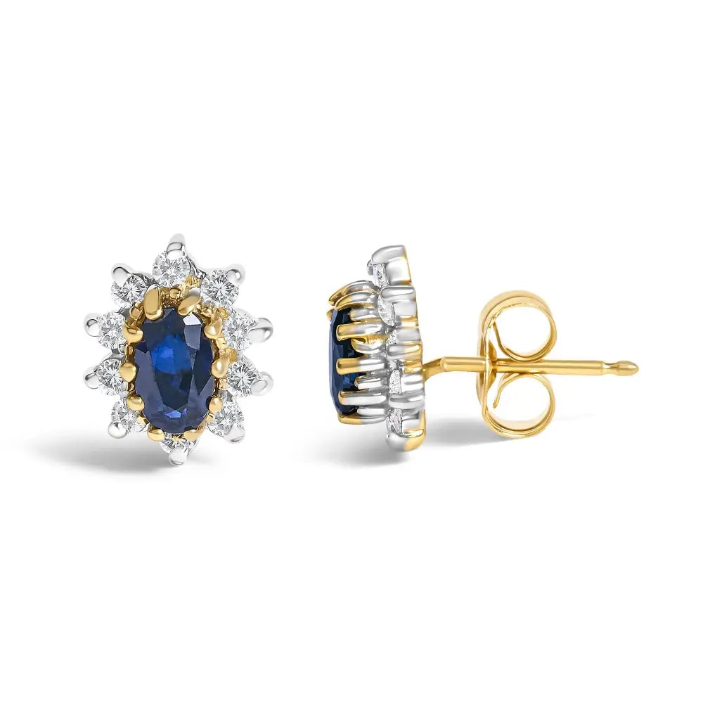 Oval Blue Sapphire and Diamond Sunburst Halo Earrings in 14K Yellow Gold