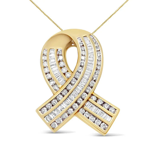 Diamond Awareness Ribbon Pendant in 14K Yellow Gold 2 5/8 Cttw