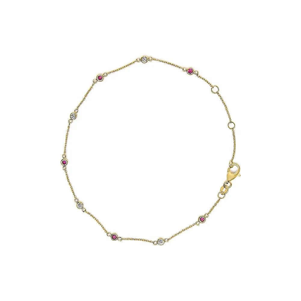 Natural Ruby and Diamond Bezel Station Bracelet in 14K Yellow Gold 8 Inch