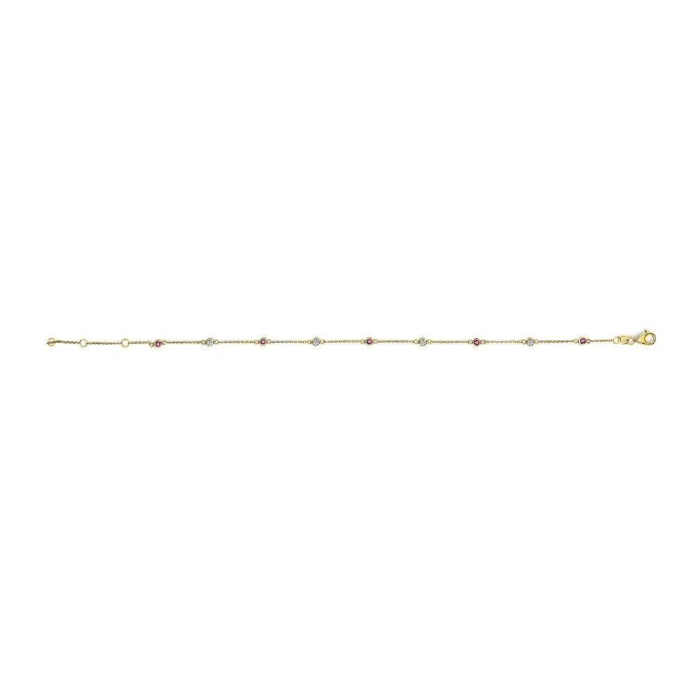 Natural Ruby and Diamond Bezel Station Bracelet in 14K Yellow Gold 8 Inch
