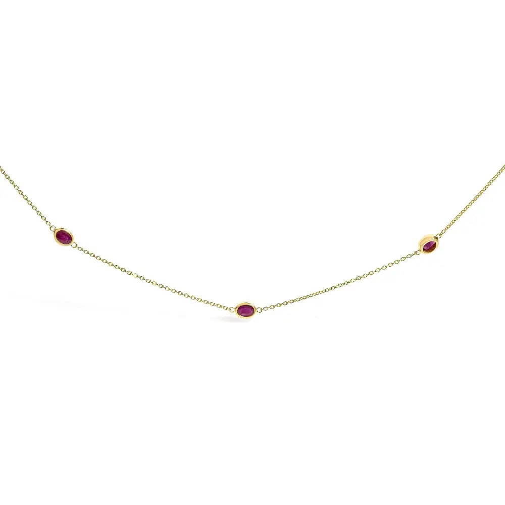 14K Yellow Gold 7 Ruby Oval Bezel Station Necklace 18 Inches
