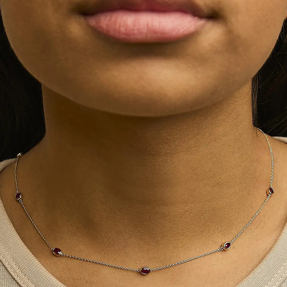 14K Yellow Gold 7 Ruby Oval Bezel Station Necklace 18 Inches