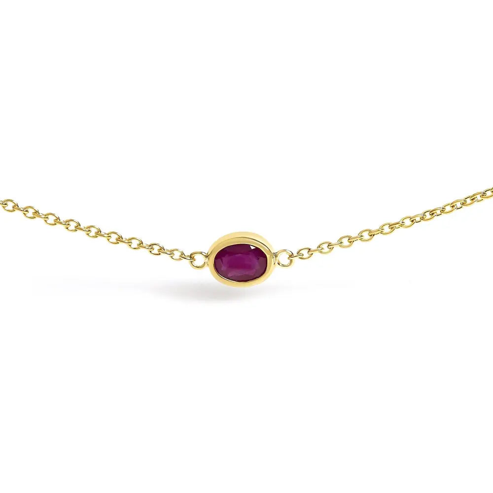 14K Yellow Gold 7 Ruby Oval Bezel Station Necklace 18 Inches