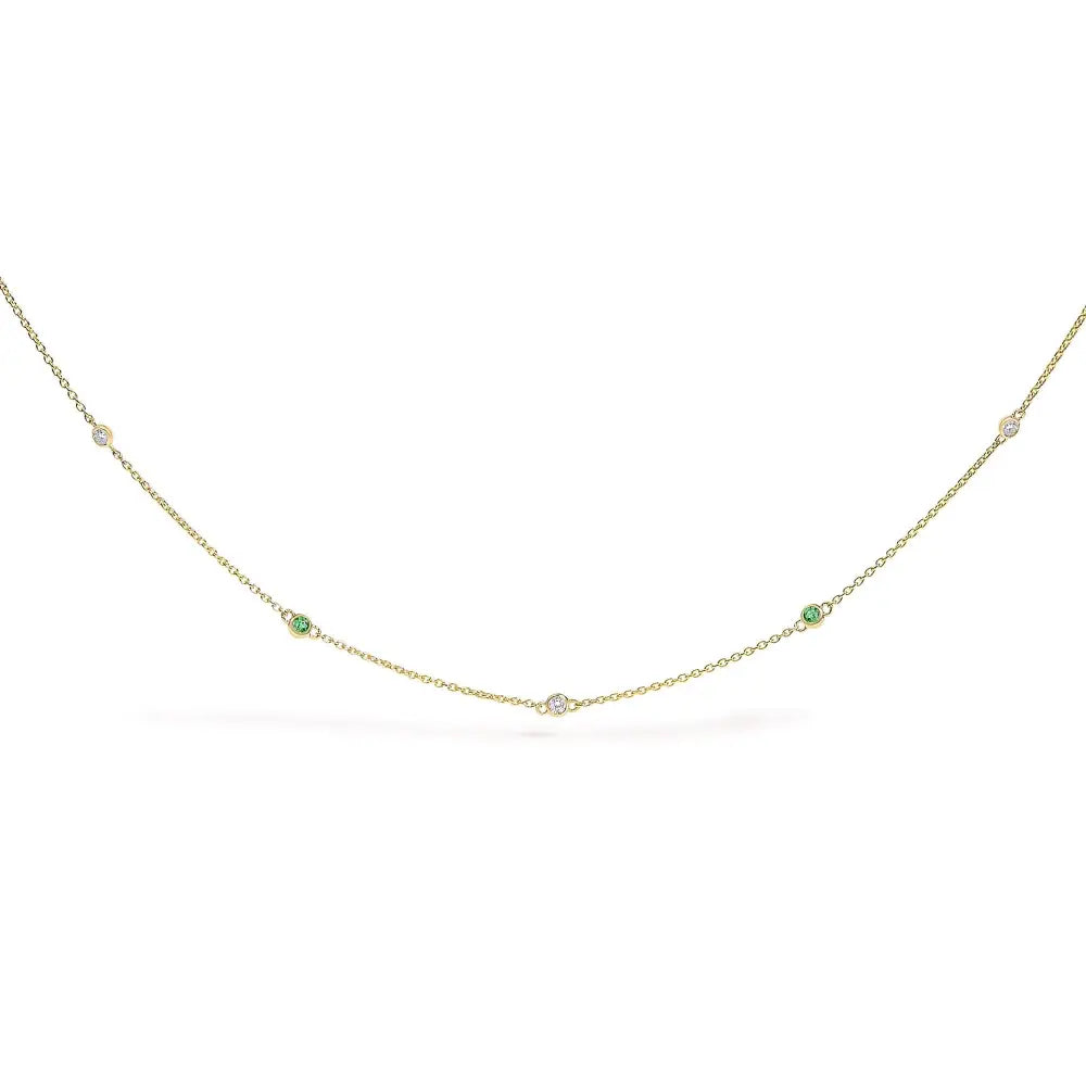 14K Yellow Gold Emerald and Diamond Bezel Station Necklace 18 Inches