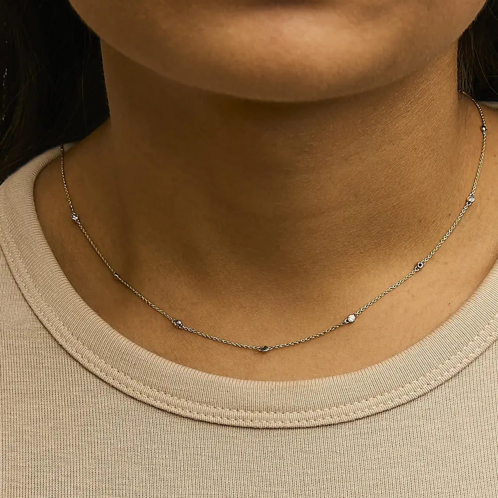 14K Yellow Gold Emerald and Diamond Bezel Station Necklace 18 Inches