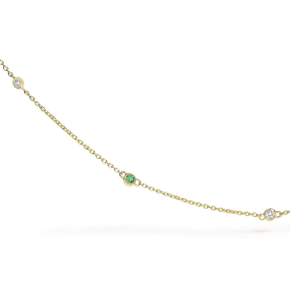 14K Yellow Gold Emerald and Diamond Bezel Station Necklace 18 Inches