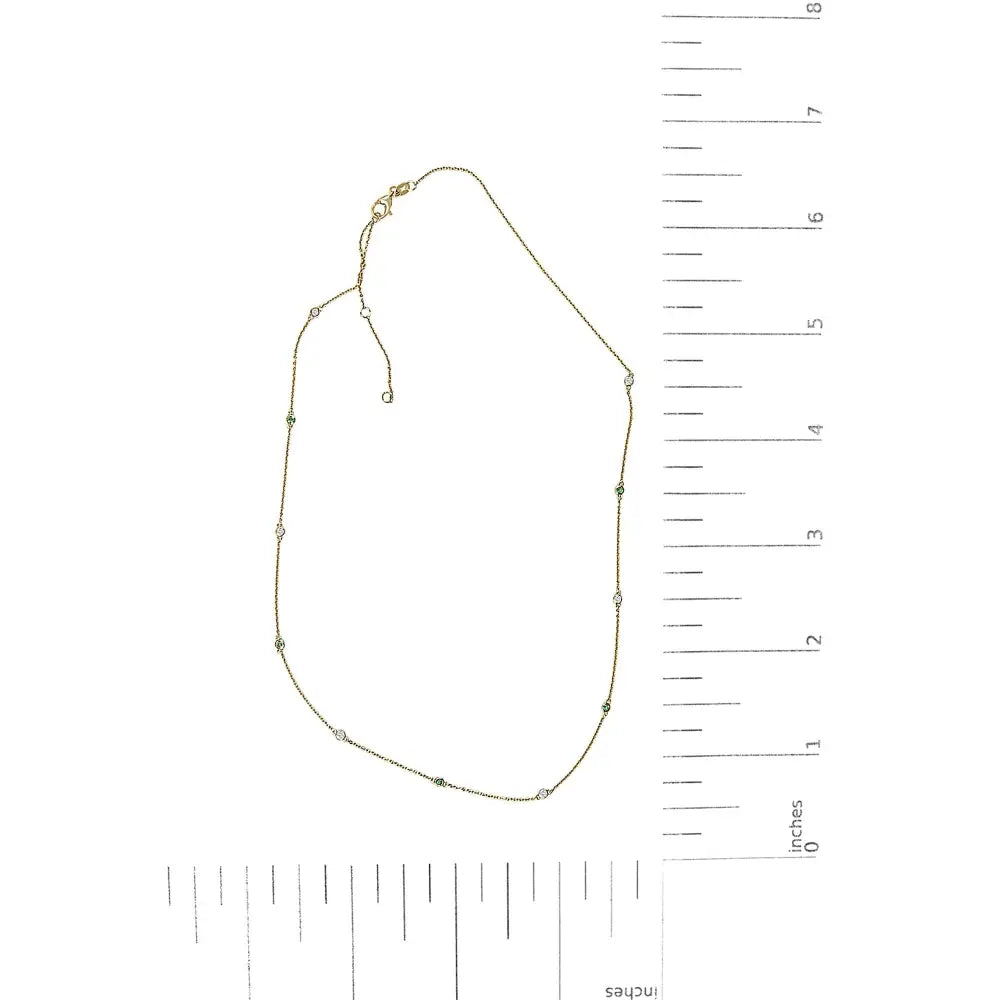 14K Yellow Gold Emerald and Diamond Bezel Station Necklace 18 Inches