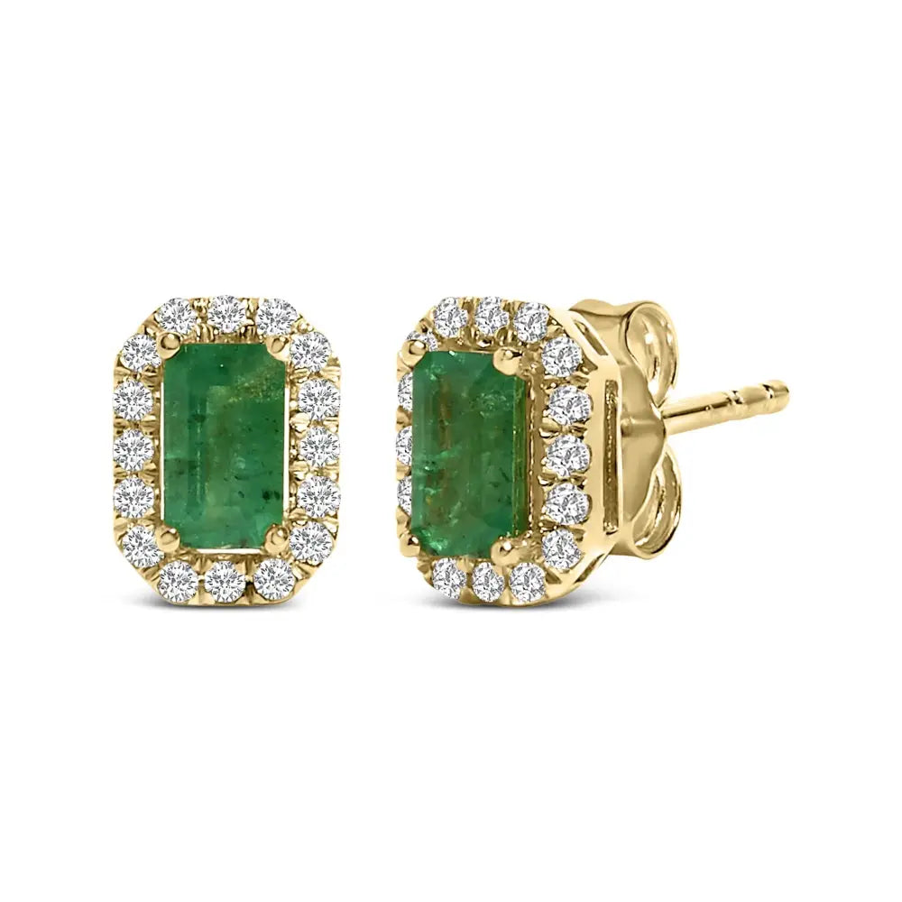 14K Yellow Gold Emerald and 1/8 CTTW Diamond Halo Stud Earrings