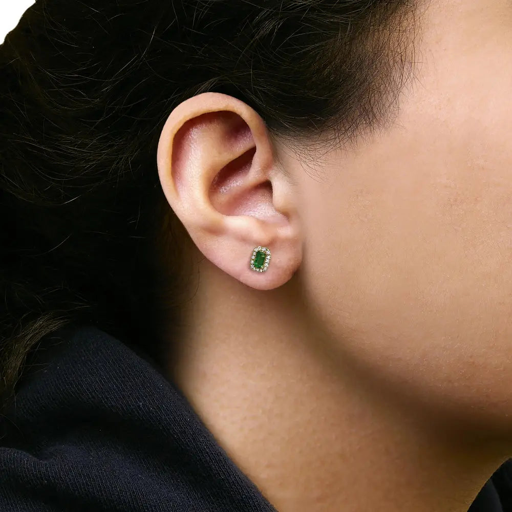 14K Yellow Gold Emerald and 1/8 CTTW Diamond Halo Stud Earrings
