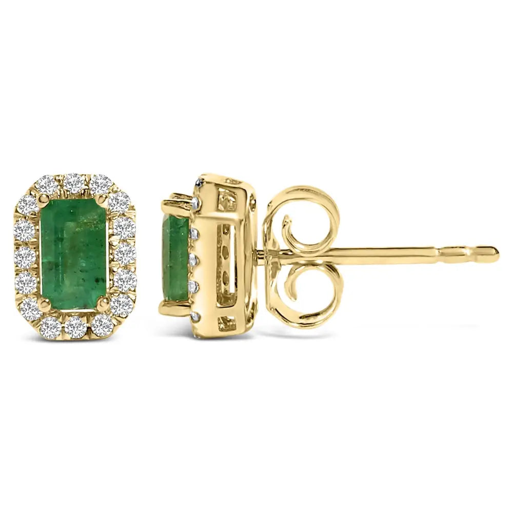14K Yellow Gold Emerald and 1/8 CTTW Diamond Halo Stud Earrings