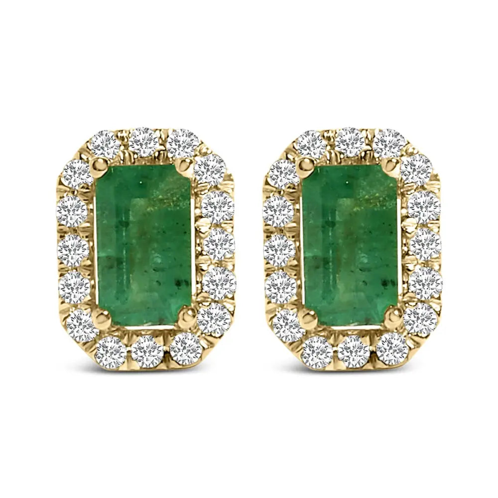 14K Yellow Gold Emerald and 1/8 CTTW Diamond Halo Stud Earrings